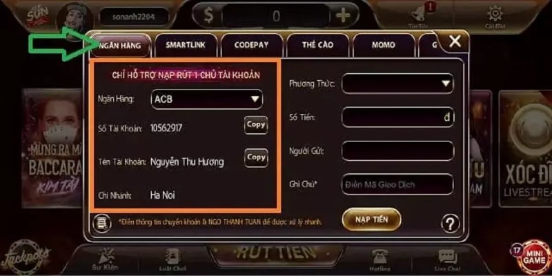 Người chơi có thể nạp tiền an toàn qua Internet Banking